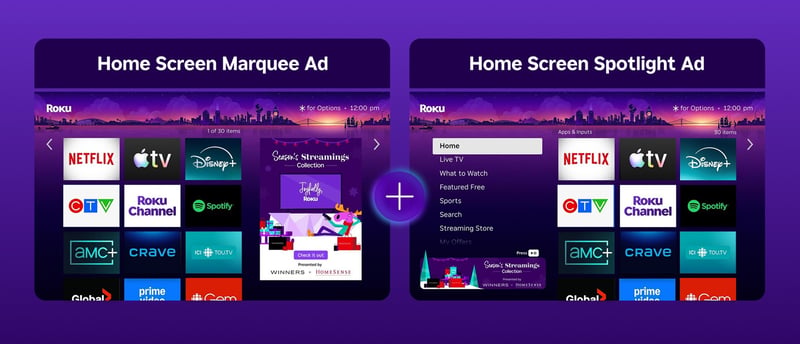 Roku homescreen marquee ad and spotlight ad