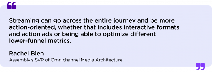 “Streaming can go across the entire journey and be more action-oriented, whether that includes interactive formats and action ads or being able to optimize different lower-funnel metrics,” Rachel said.
