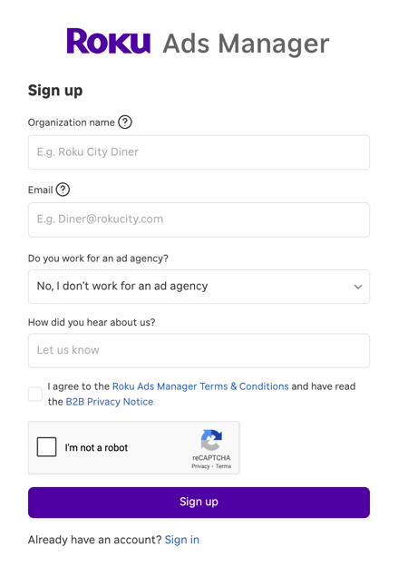 Roku Ads Manager Signup Form Screenshot